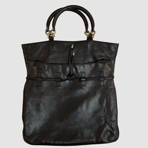 Tobias Italian Black Leather Tote Silver Chain Handle Slouchy Large Bag 16"x14"